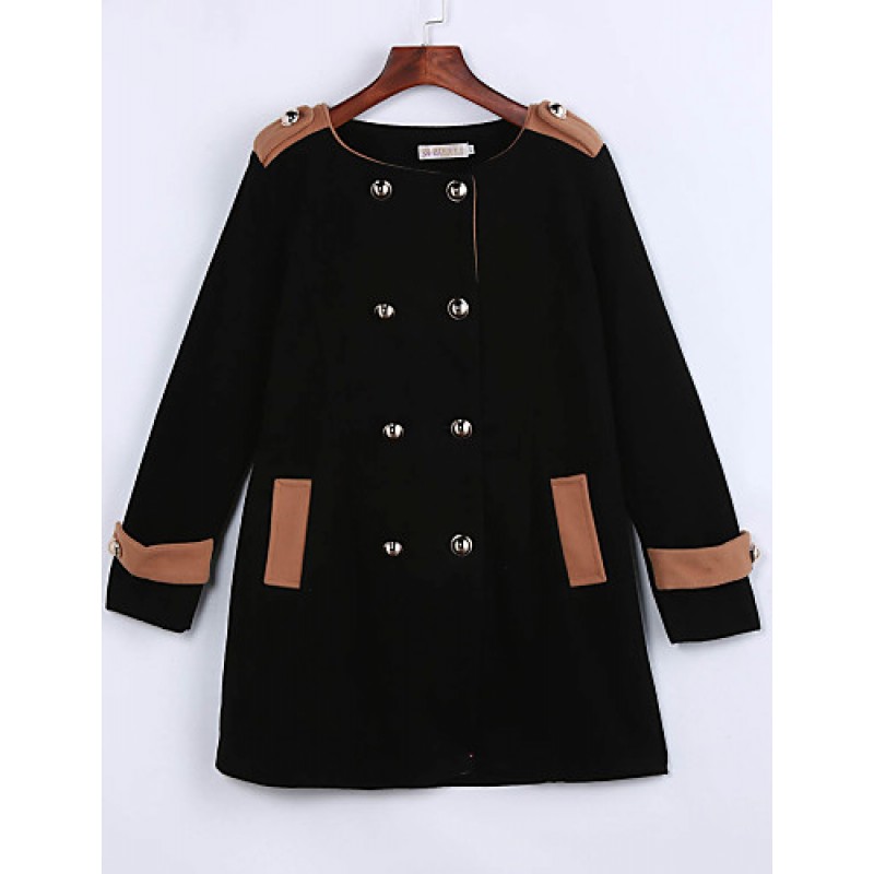 ACGCUL Women's Going out Street chic Coat,Color Block Round Neck Long Sleeve Winter Black / Brown Polyester Thick