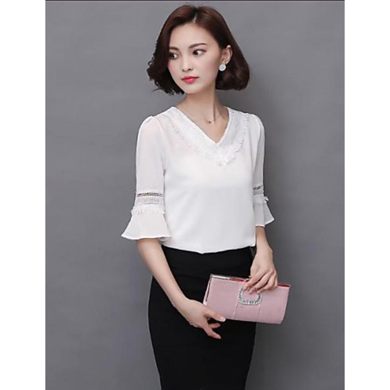 ACGCUL Women's Going out Street chic Fall Blouse,Solid V Neck ? Length Sleeve White Polyester Thin