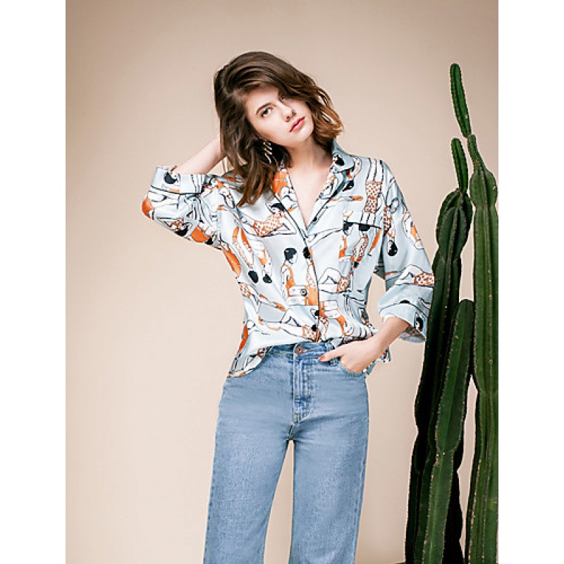 ACGCUL LIANGSANSHIWomen's Casual/Daily Street chic Summer Shirt,Print Shirt Collar ? Sleeve Blue Polyester / Others Thin