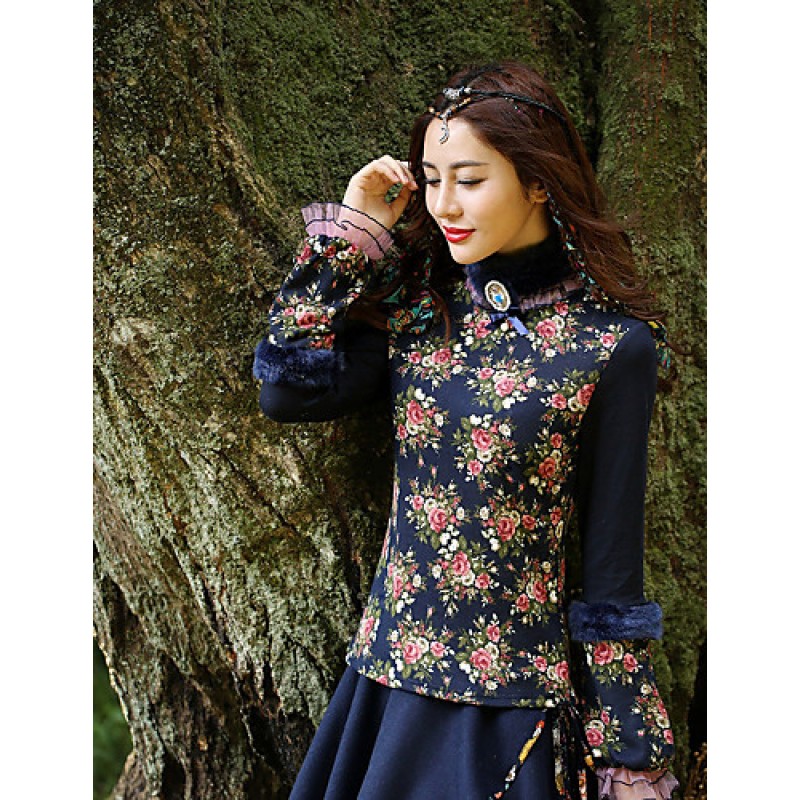 ACGCUL Our StoryGoing out Vintage Spring / Fall T-shirtFloral Crew Neck Long Sleeve Blue Cotton / Polyester / Spandex Medium