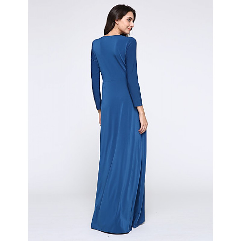 ACGCUL Women's Party/Cocktail Plus Size Plus Size Dress,Solid V Neck Midi Long Sleeve Blue Spandex Fall