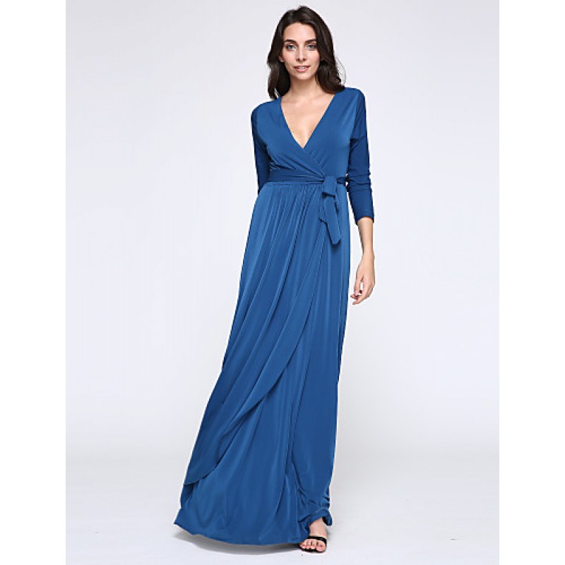 ACGCUL Women's Party/Cocktail Plus Size Plus Size Dress,Solid V Neck Midi Long Sleeve Blue Spandex Fall