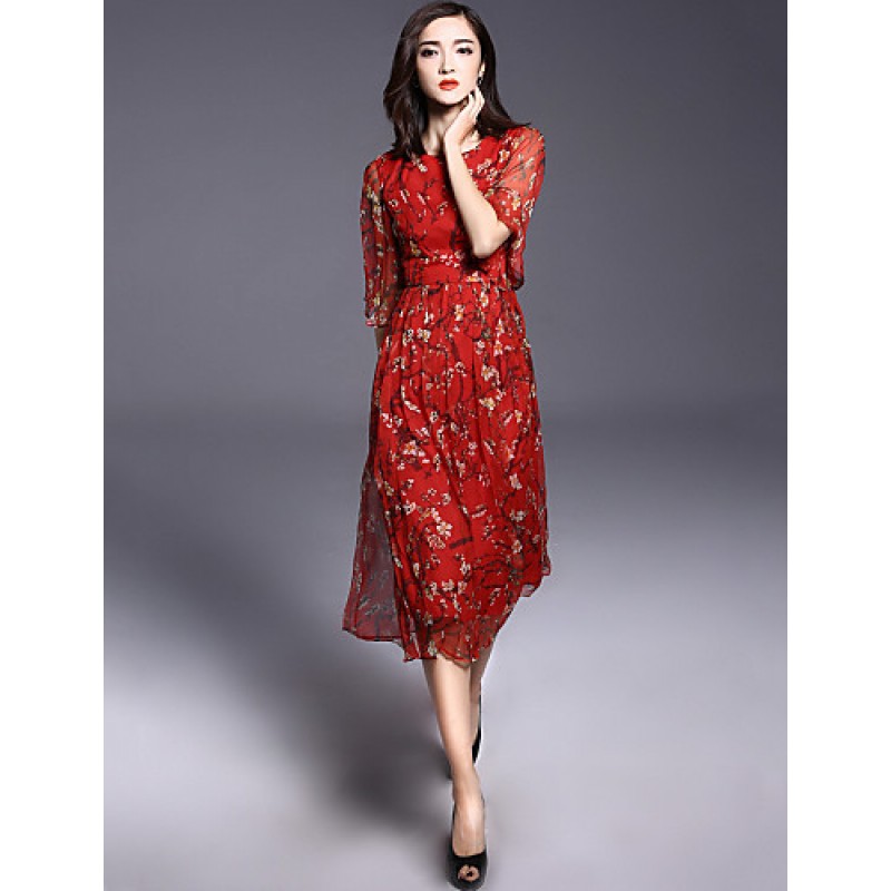 ACGCUL Women's Casual/Daily Boho / Street chic Plus Size / Chiffon Dress,Floral Round Neck Midi ? Length Sleeve Red Silk Summer