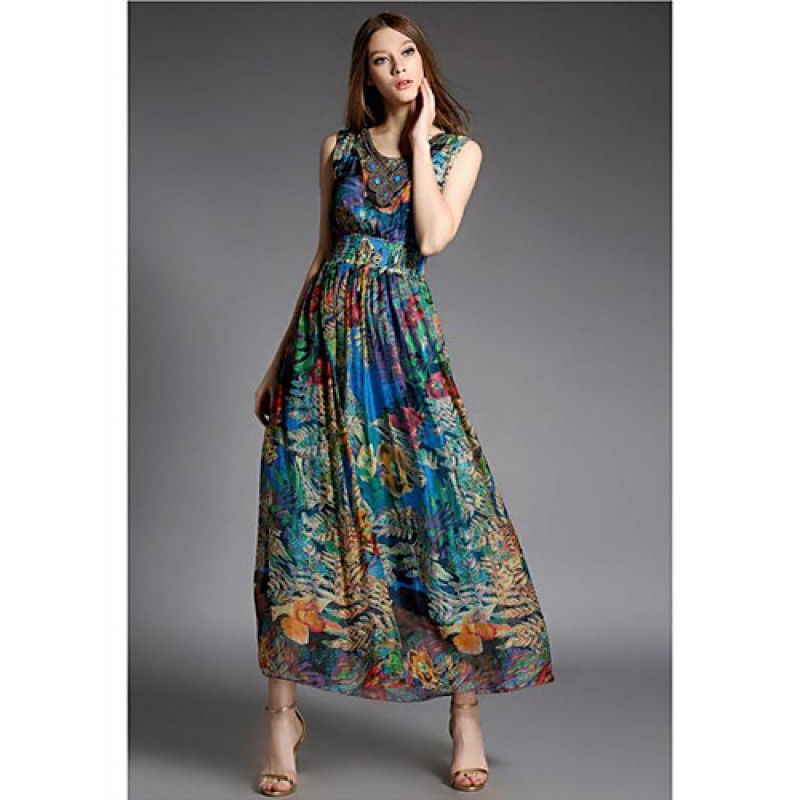 ACGCUL Going out Street chic Sheath Dress,Print V Neck Maxi Sleeveless Blue Silk Summer High Rise