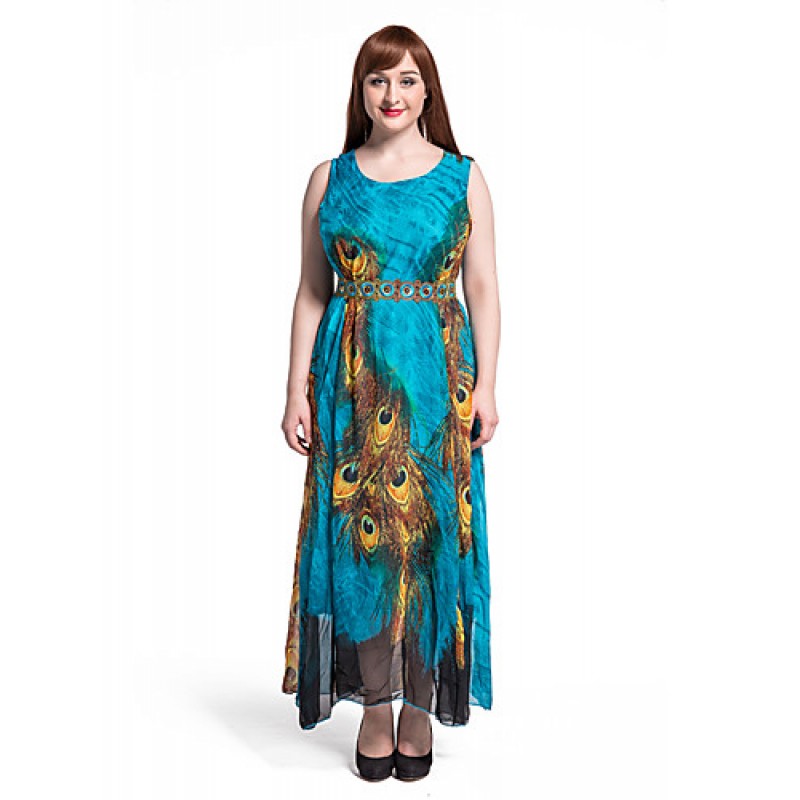 ACGCUL Women's Beach Plus Size / Swing Dress,Animal Print Round Neck Maxi Sleeveless Blue Polyester Summer