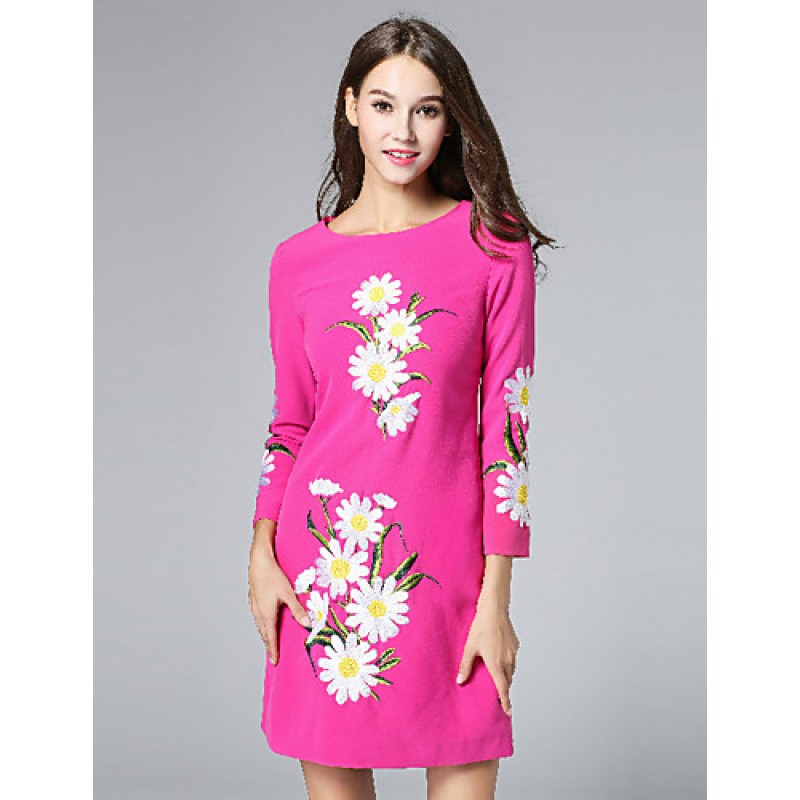 ACGCUL Boutique S Women's Casual/Daily Vintage Shift Dress,Embroidered Round Neck Above Knee Long Sleeve Polyester Fall