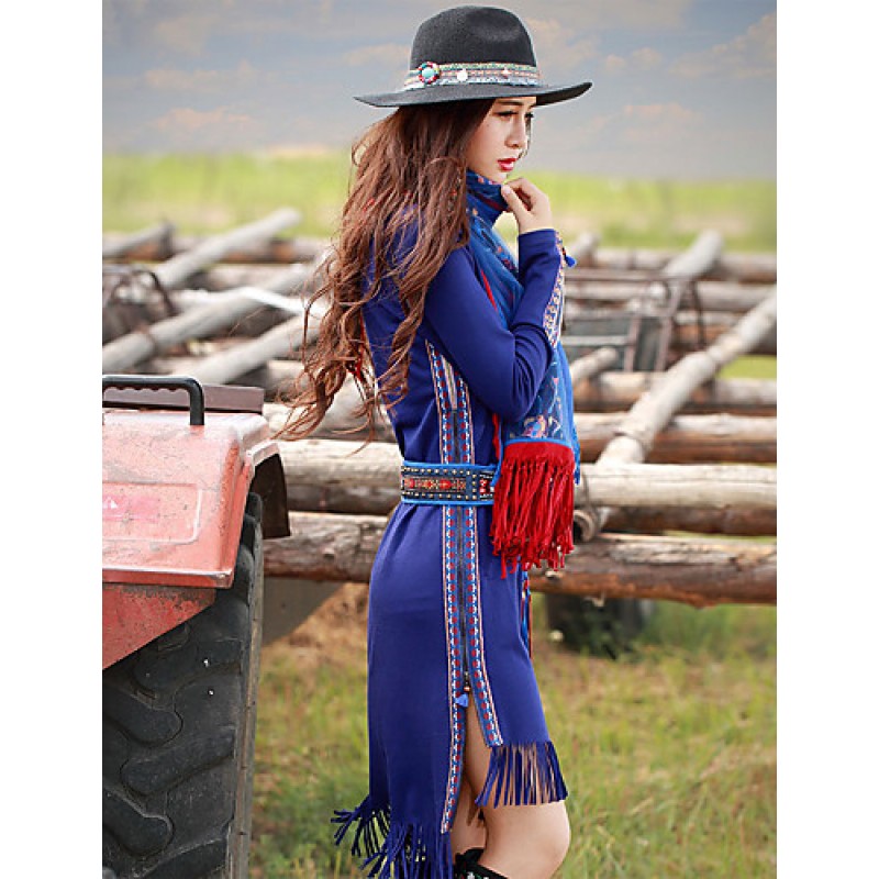 ACGCUL Our StoryGoing out Vintage Sheath DressPaisley Round Neck Midi Long Sleeve Blue Polyester / Spandex Spring