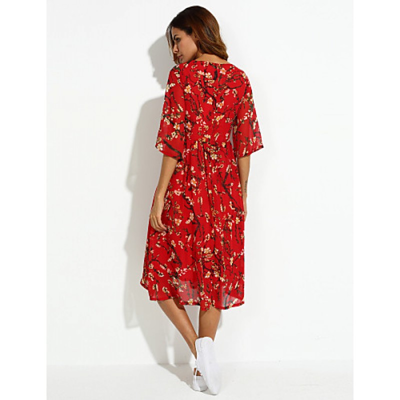 ACGCUL Women's Casual/Daily Boho / Street chic Plus Size / Chiffon Dress,Floral Round Neck Midi ? Length Sleeve Red Silk Summer